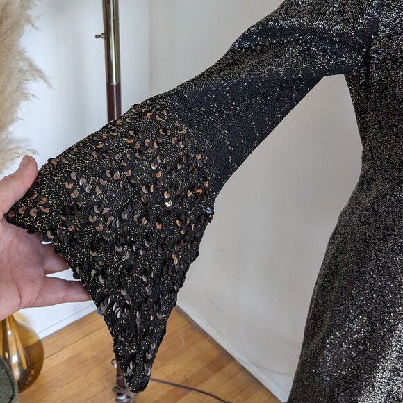 Fabulous Gold 60s Gown with Sequined Bell Sleeve - Picture 3 of 7